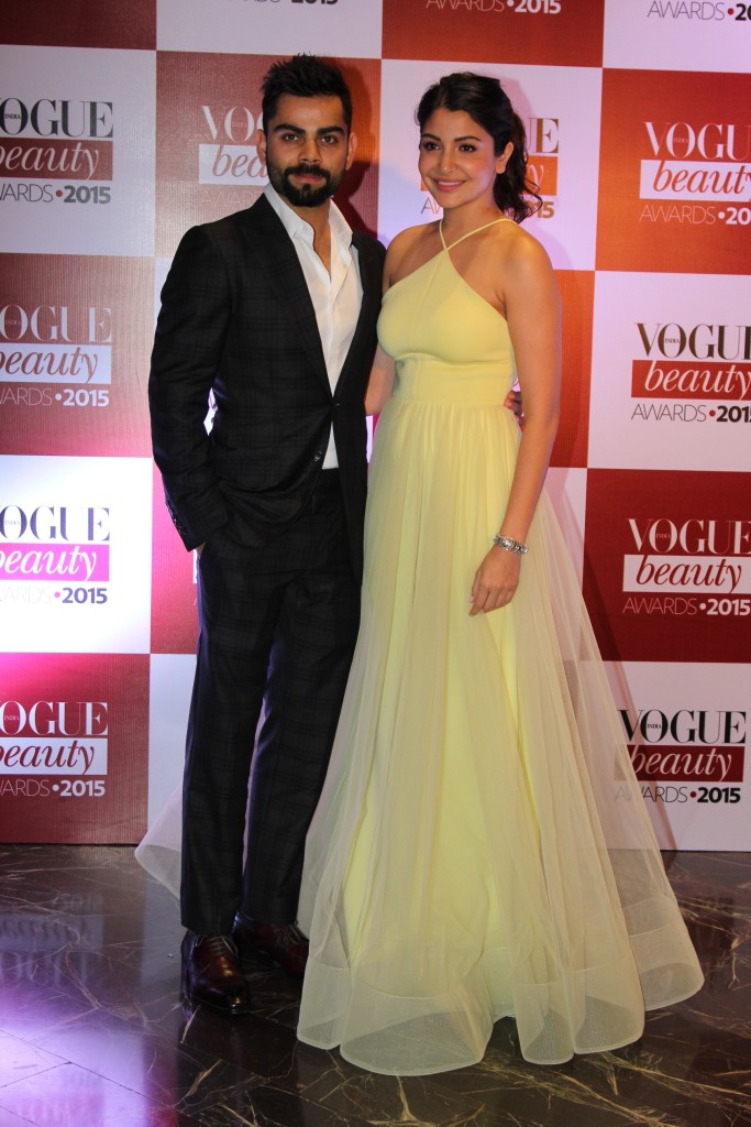 Anushka Sharma, winner of 'Beauty of the Year' with Virat Kohli at the Vogue Beauty Awards 2015, Palladium Hotel, Mumbai